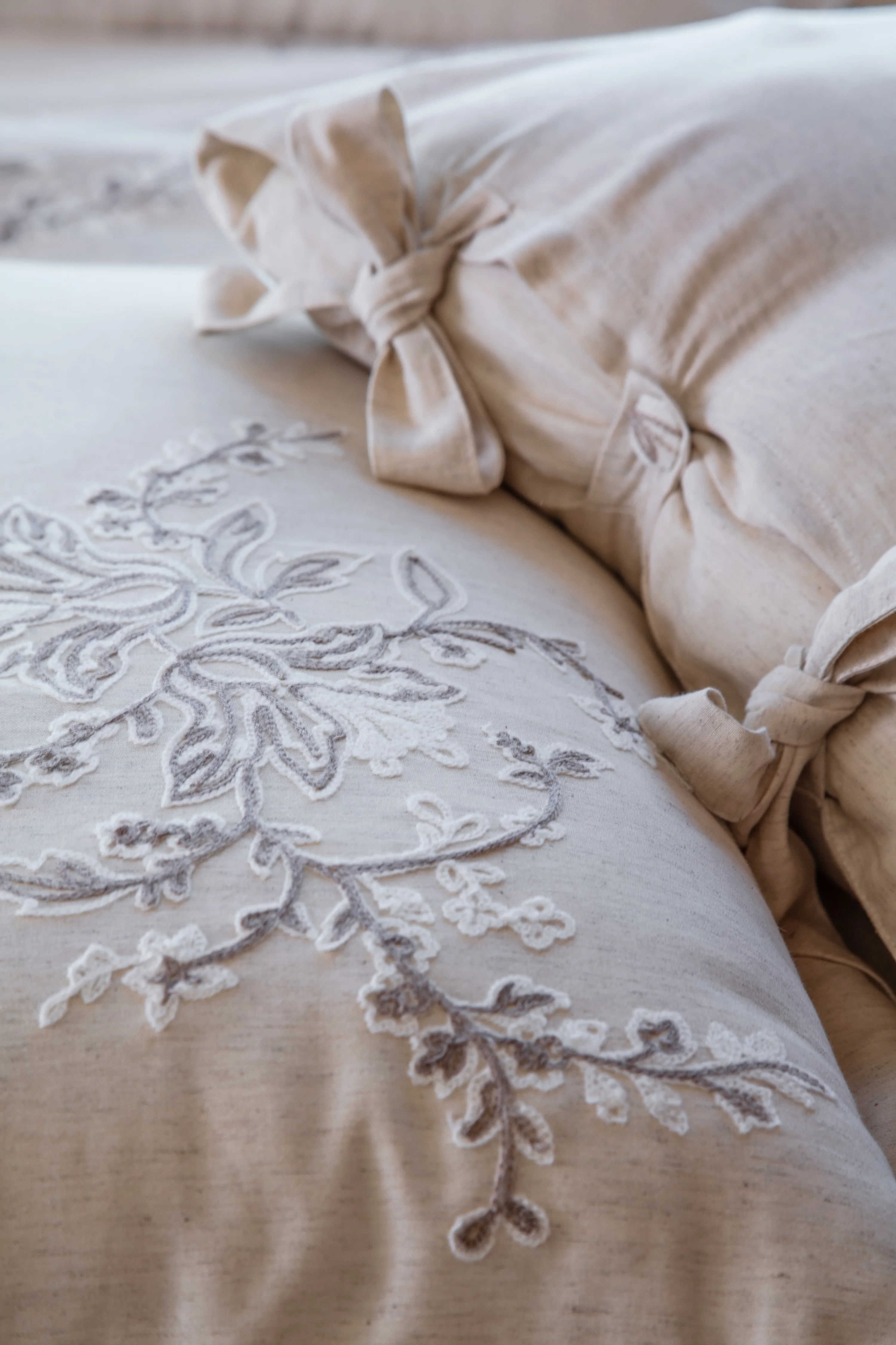 EcoCotton Libera Çift Kişilik Nevresim Takımı %100 Pamuk Keten Süzene Nakışlı-Krem/Bej