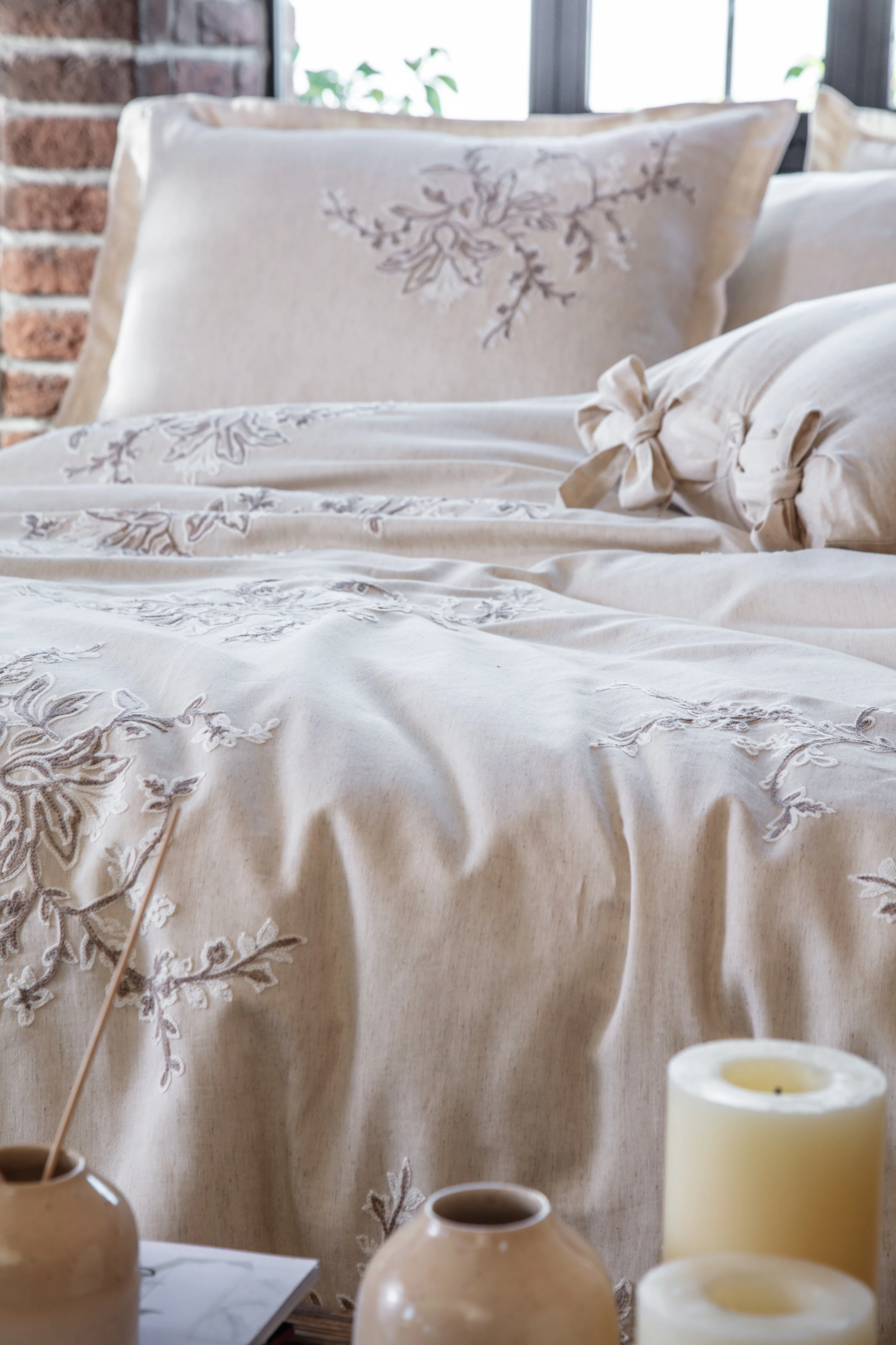 EcoCotton Libera Çift Kişilik Nevresim Takımı %100 Pamuk Keten Süzene Nakışlı-Krem/Bej