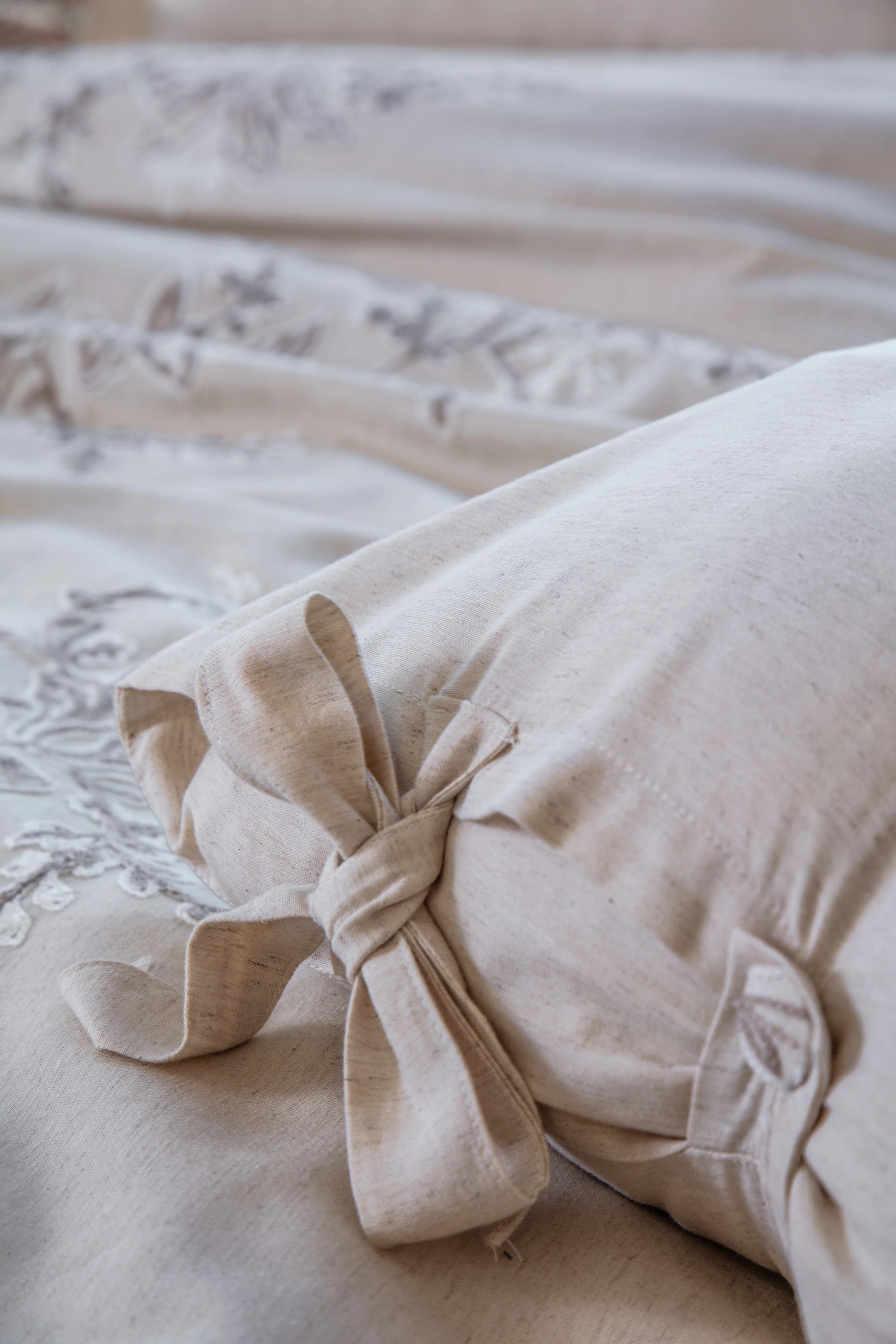 EcoCotton Libera Çift Kişilik Nevresim Takımı %100 Pamuk Keten Süzene Nakışlı-Krem/Bej