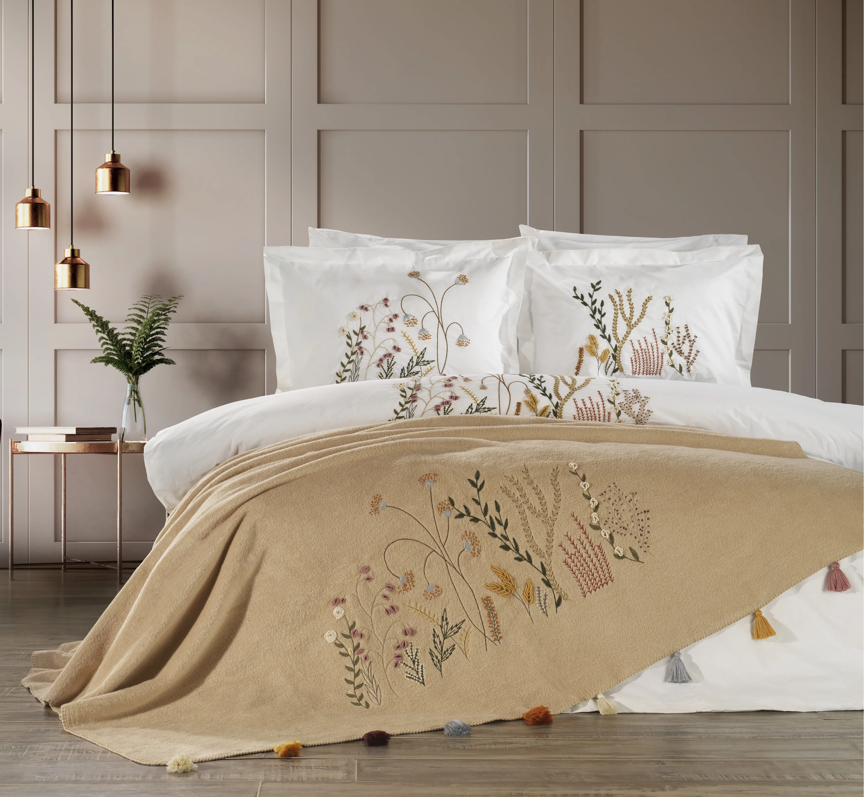 Zebra Casa Lenora 7 Parça El İşi Nakışlı Battaniye Seti-Bej