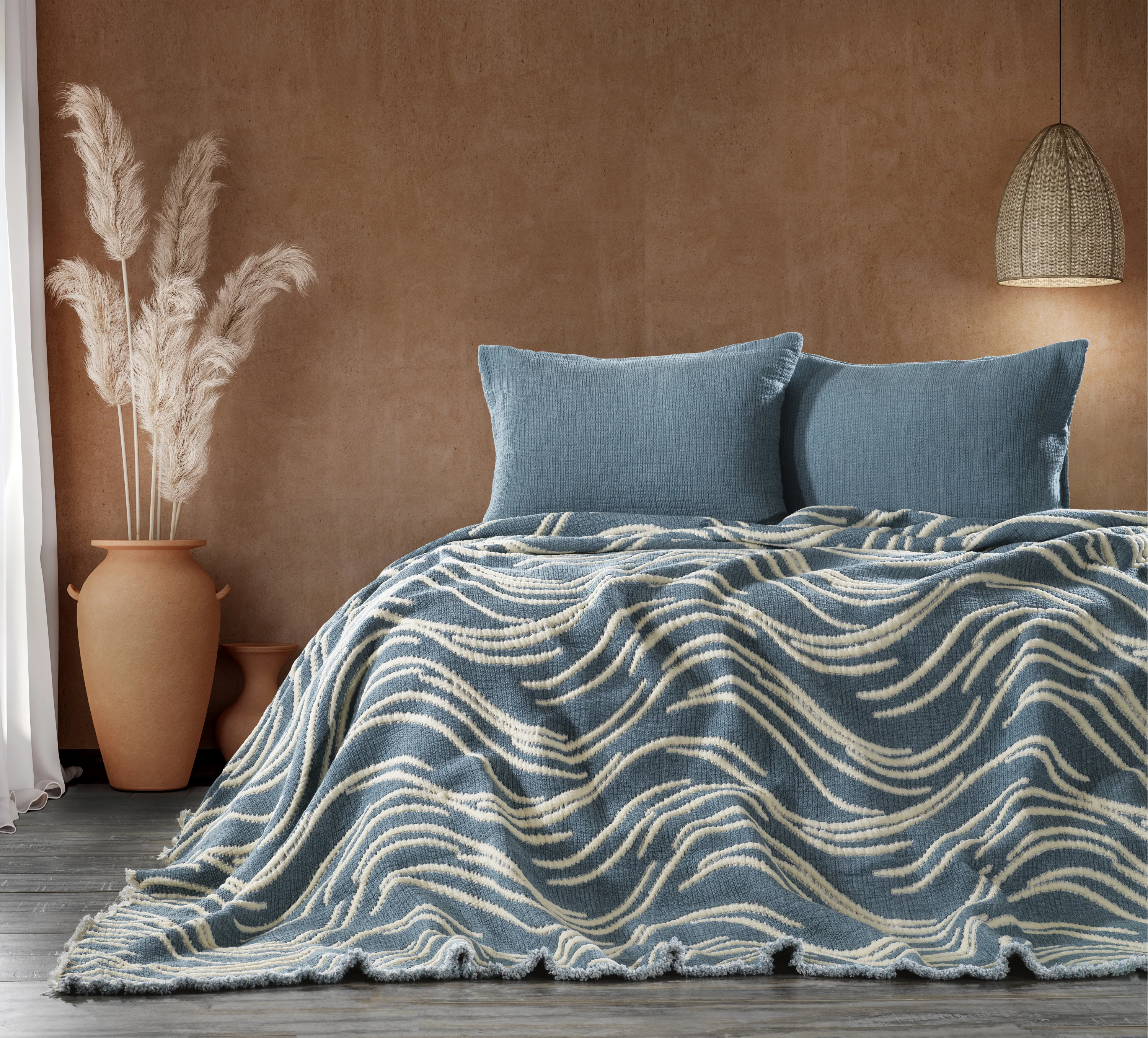 Zebra Casa Mabelle 3 Parça Müslin Yatak Örtüsü Çift Kişilik-İndigo