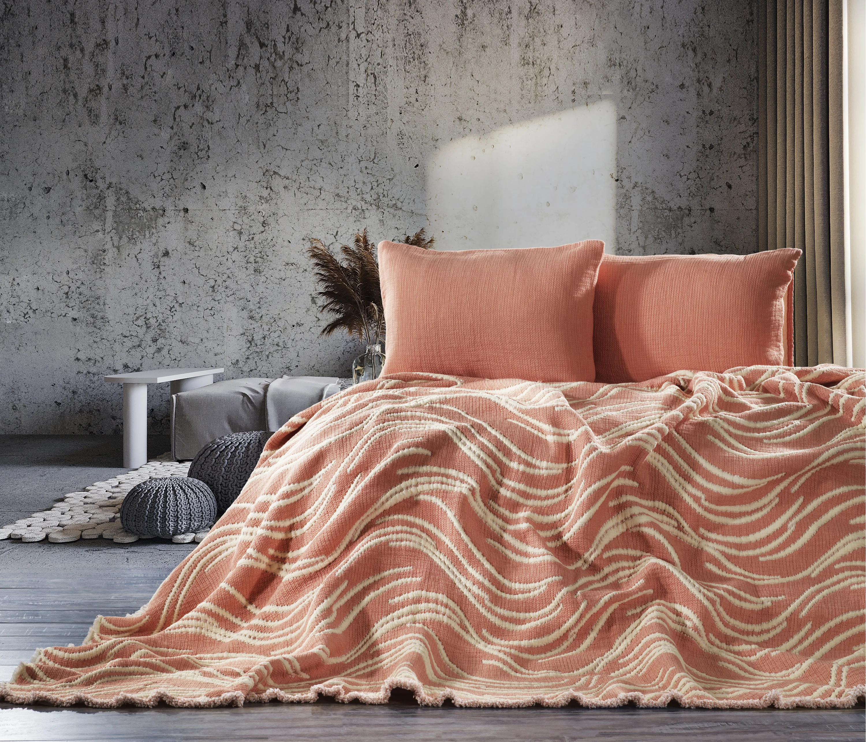 Zebra Casa Mabelle 3 Parça Müslin Yatak Örtüsü Çift Kişilik-K.Pudra