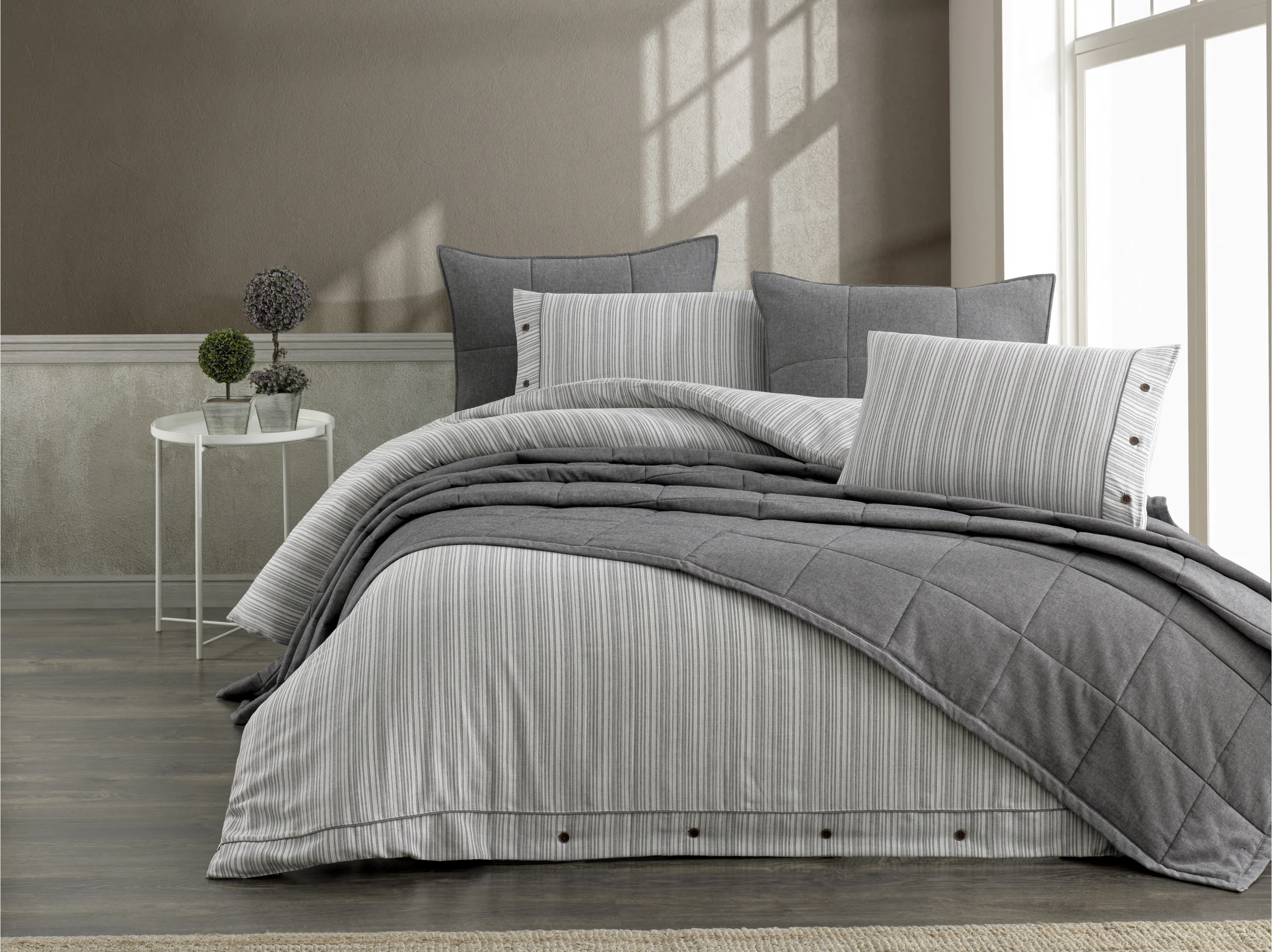 Zebra Casa Olive 7 Parça Yatak Örtüsü Seti Çift Kişilik-Gri