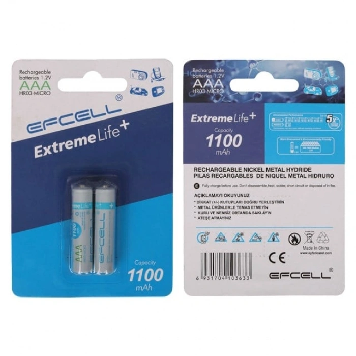 Efcell Extreme Life+ 1.2 Volt 1100mAh AAA İnce Şarjlı Pil 2li Paket