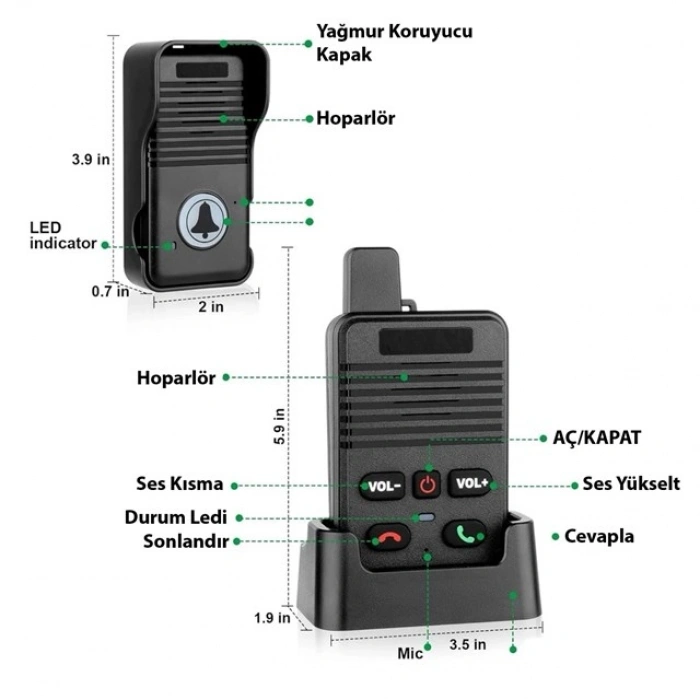 Hello D90 1000mAh Şarjlı Kapalı Devre Telsiz Kapı Zili ve İnterkom Sistemi Kesintisiz Çift Taraflı Sesli İletişim Telsiz