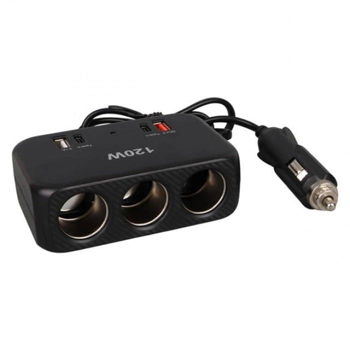 Olesson 1656 12-24V Çift USB + Çift TYPE-C 120W 80cm Kablolu 3lü Araç Çakmak Çoklayıcı