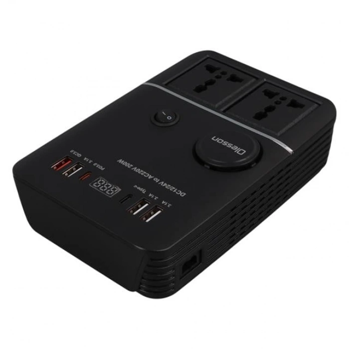 Olesson 1661 DC 12-24V 200W Oto Araç Power İnverter 2x Çakmak Girişi - 2x TYPE-C - 4x USB - 2x 220V Üniversal Priz