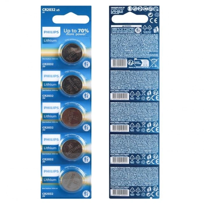 Philips CR2032 3V Lityum Mini Düğme Para Pil (Blister 5LI Paket)