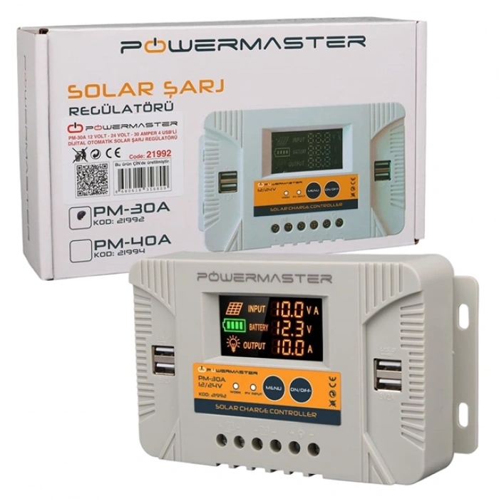 Powermaster PM-30A 12V-24V 30 Amper 4 USB Çıkışlı Dijital Ekranlı Solar Şarj Regülatörü