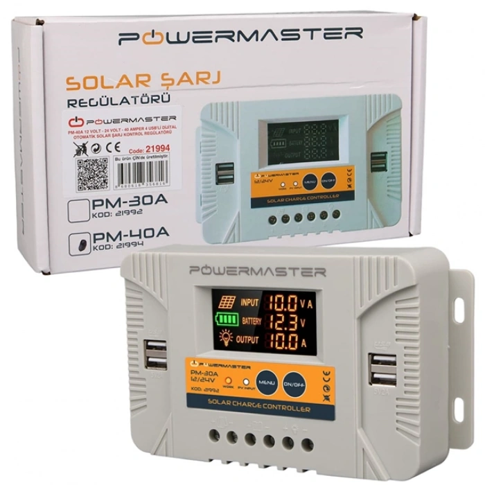 Powermaster PM-40A 12V-24V 40 Amper 4 USB Çıkışlı Dijital Ekranlı Solar Şarj Regülatörü