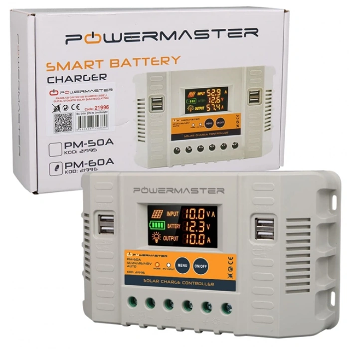 Powermaster PM-60A 12V-24V-36V-48V 60 Amper 4 USBli Dijital Otomatik Solar Şarj Regülatörü