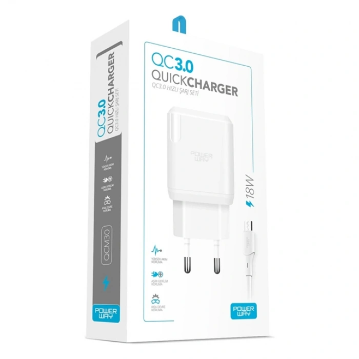 Powerway QCM30 18W Hızlı Şarj Adaptörü + Micro USB Kablo Seti