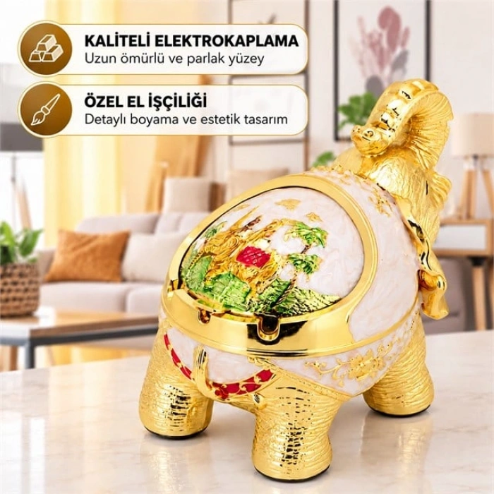 Sunup SN-38892 Fil Figürlü Dekoratif Küllük Beyaz Gold İşlemeli Sürgülü