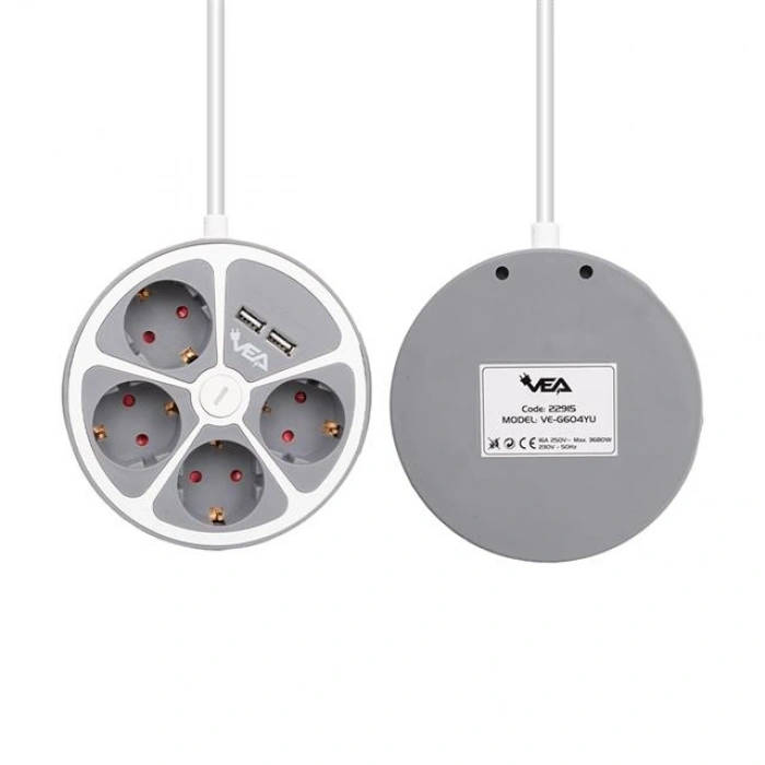 Vea VE-G604YU 4lü 2 USB’li Anahtarlı 1.5 Metre Grup Priz