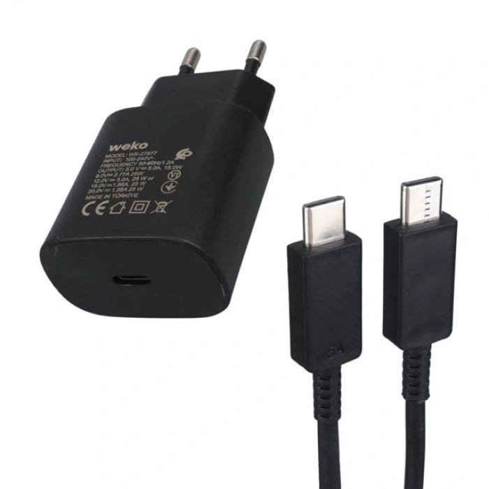 Weko WK-27877 Note10 Siyah 25 Watt Şarj Başlık Adaptörü + Type-C To Type-C Kablo