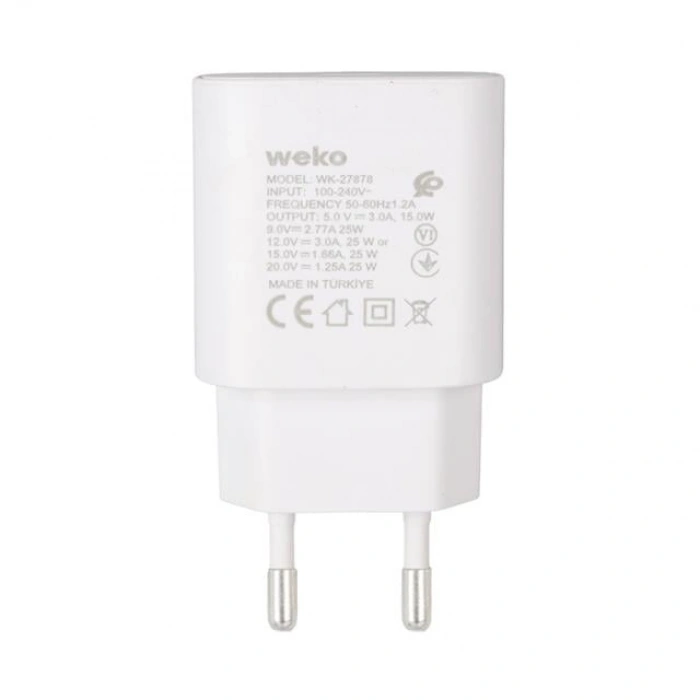 Weko WK-27878 Note10 Beyaz 25 Watt Şarj Başlık Adaptörü + Type-C To Type-C Kablo