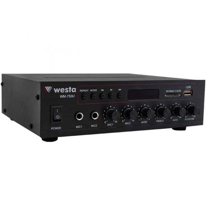 Westa WM-750U 80 Watt 100V-70V Mini 4-16 Ohm USB-SD-Bluetooth 2 Mikrofon Girişli Trafolu Anfi