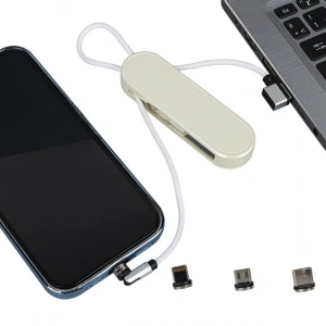 Powermaster PM-25905 Beyaz 3in1 (Type C- Lightning-Micro Usb) Manyetik Uç Taşınabilir Şarj Kablosu