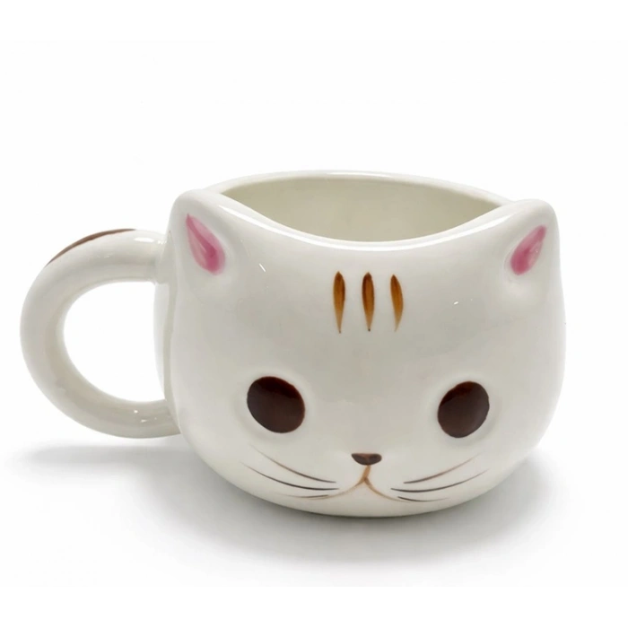 3D Kedi Tasarımlı Kabartmalı Seramik Kupa Bardak