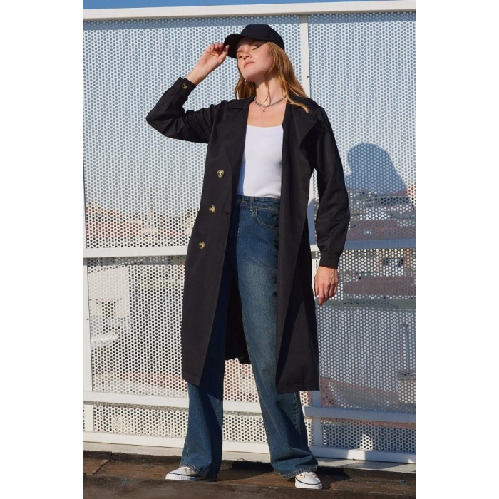 5853 Kruvaze Yaka Trençkot - Siyah