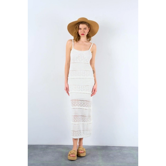 Ajurlu Astarlı Elbise - Ekru