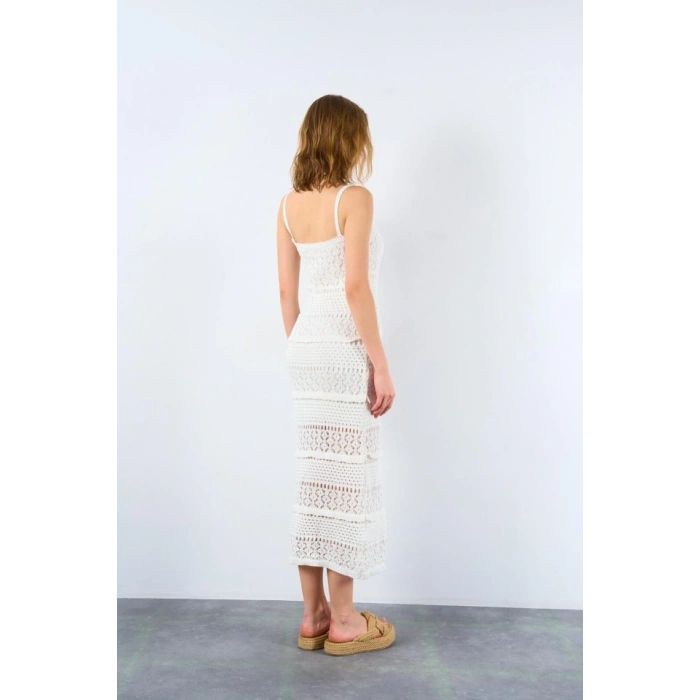 Ajurlu Astarlı Elbise - Ekru