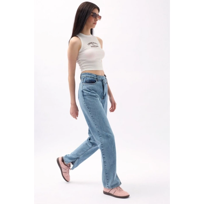 Asimetrik Bel Paça Yırtmaçlı Jean