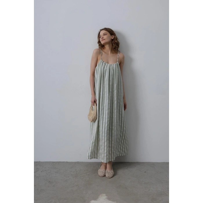 Askılı Çizgi Desen Elbise - Haki