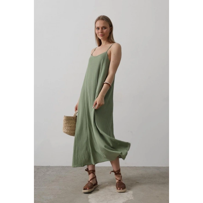 Askılı Uzun Çan Elbise - Haki