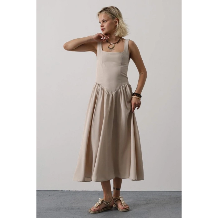 Askılı Uzun Elbise - Taş