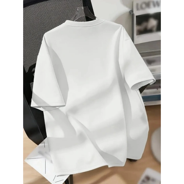 Baskılı Oversize Bisiklet Yaka T-shirt - Beyaz