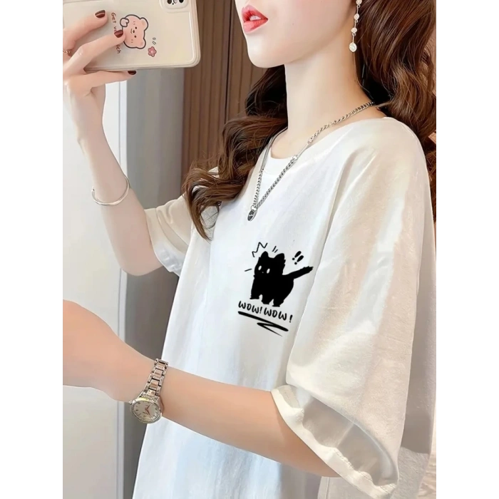 Baskılı Oversize Bisiklet Yaka T-shirt - Beyaz