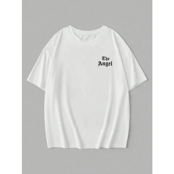 Baskılı Oversize Bisiklet Yaka T-shirt - Beyaz