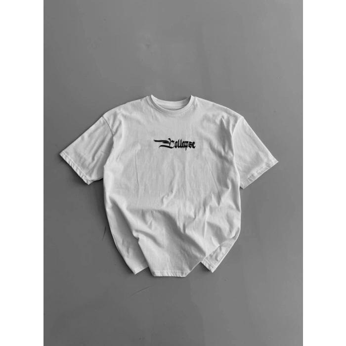 Baskılı Oversize Bisiklet Yaka T-shirt - Beyaz