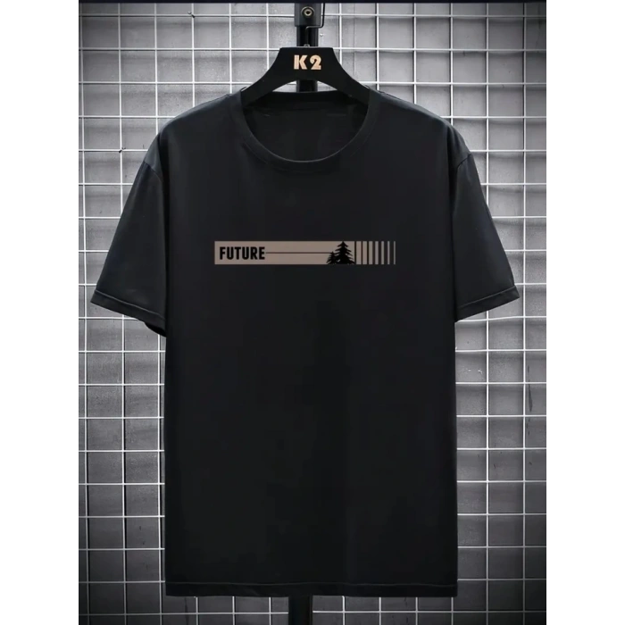 Baskılı Oversize Bisiklet Yaka T-shirt - Siyah