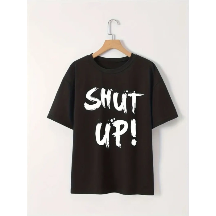 Baskılı Oversize Bisiklet Yaka T-shirt - Siyah