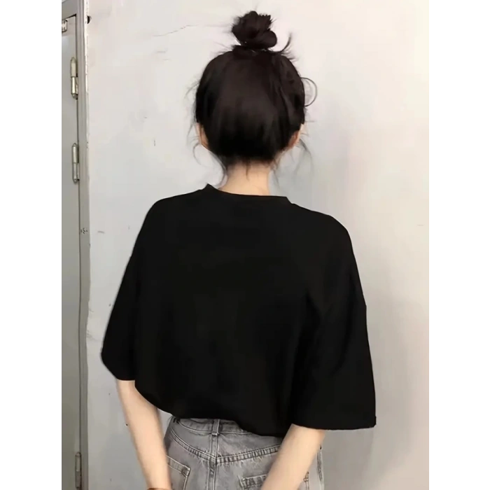 Baskılı Oversize Bisiklet Yaka T-shirt - Siyah