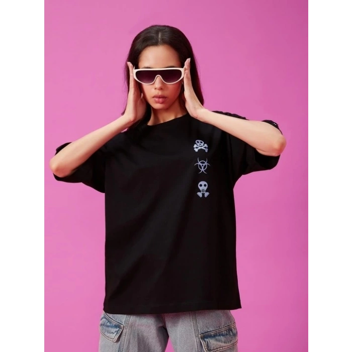 Baskılı Oversize T-shirt - Siyah