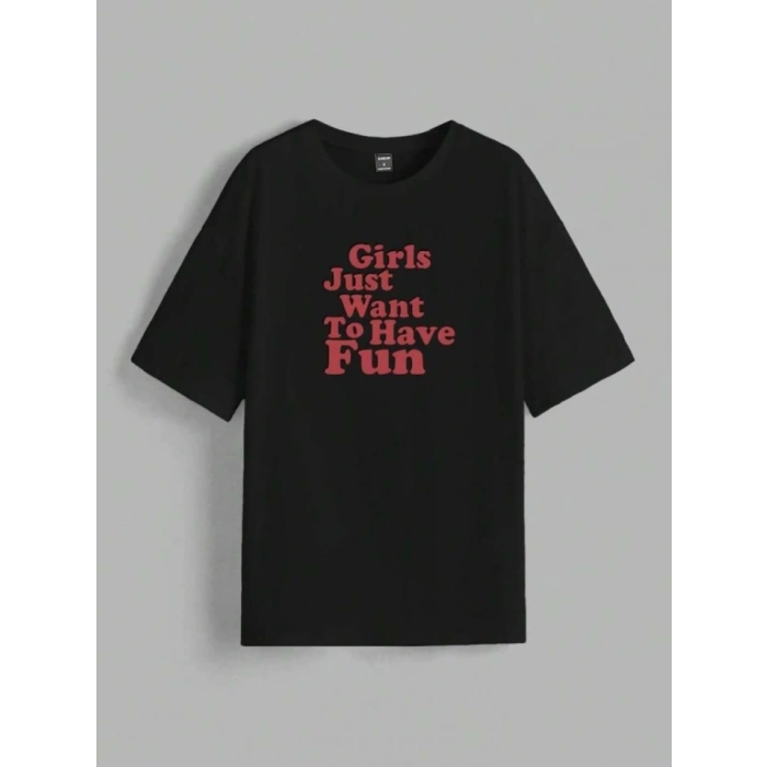 Baskılı Oversize T-shirt - Siyah