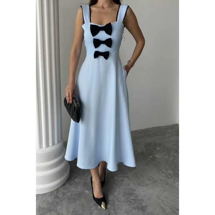 Bebe Mavi Fiyonk Garnili Dantelli Elbise