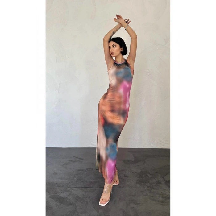 Bej Batik Desenli Elbise