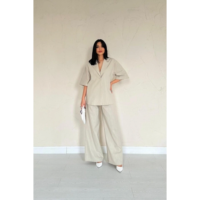 Bej Önü Tek Düğmeli Ceket Pantolon Takım