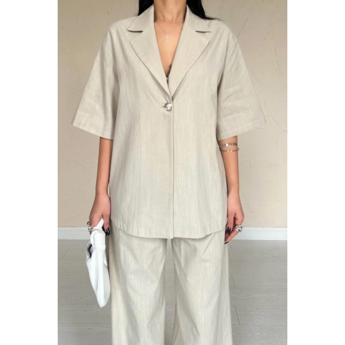 Bej Önü Tek Düğmeli Ceket Pantolon Takım