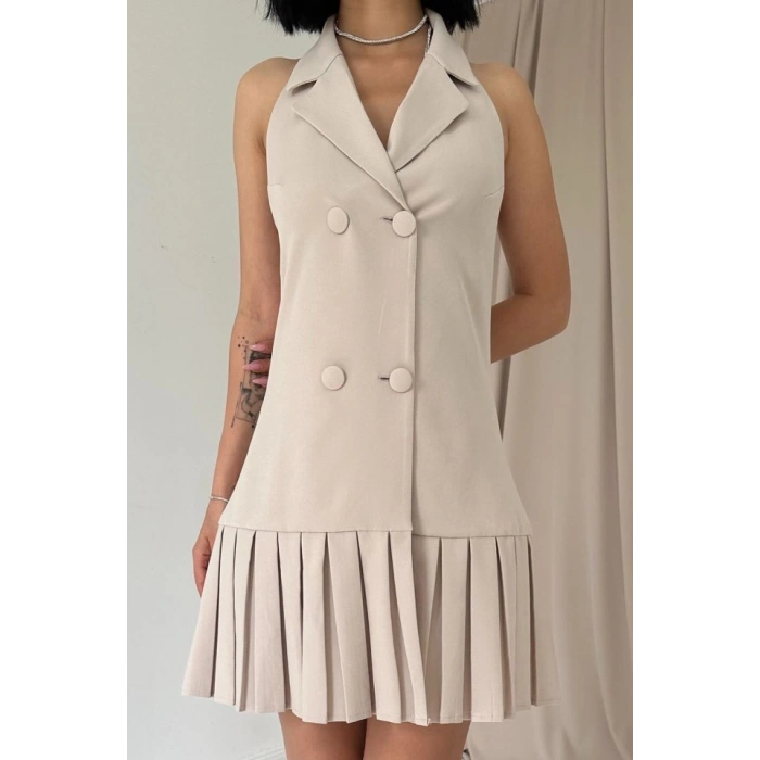 Bej Sırtı Açık Ceket Yakalı Elbise