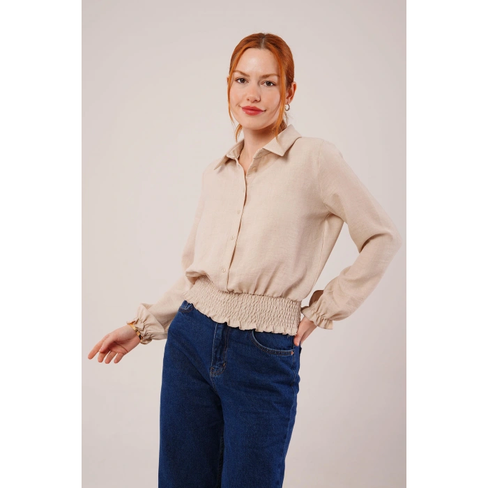 Bel Ve Bilek Lastikli Bej Bluz