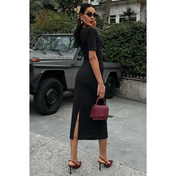 Beli Büzgülü Midi Elbise 2853