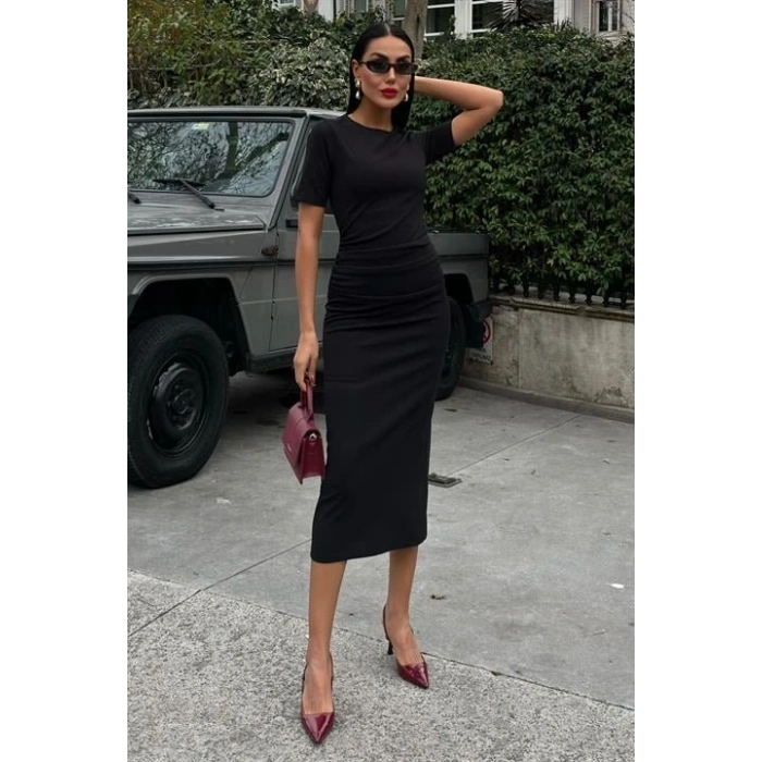 Beli Büzgülü Midi Elbise 2853