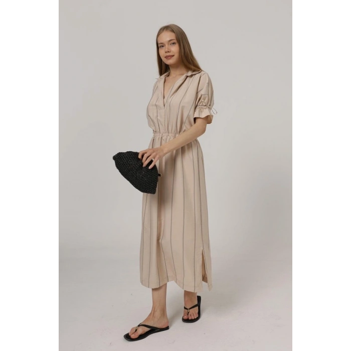 Beli Lastikli Elbise - Taş