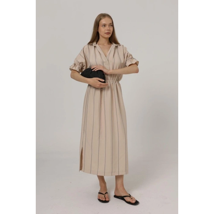 Beli Lastikli Elbise - Taş