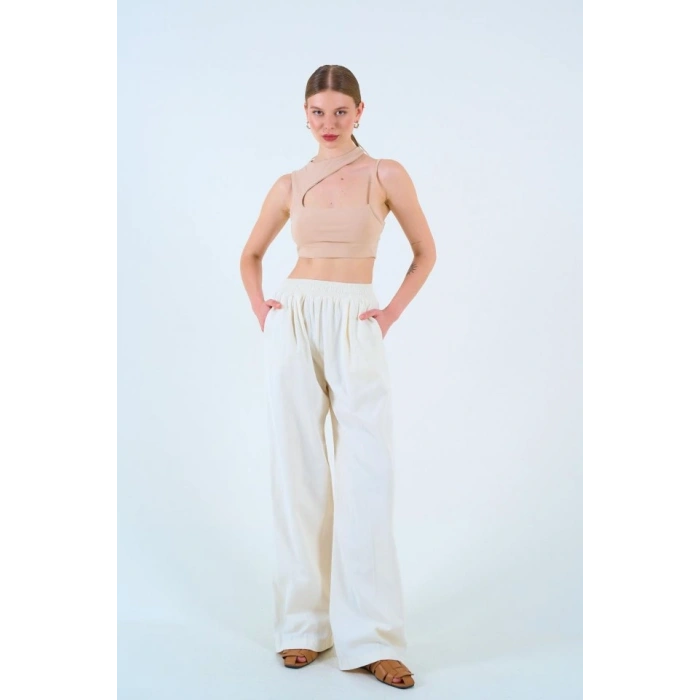 Beli Lastikli Palazo Pantolon - Taş